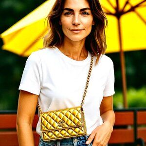Vintage Gold Faux Patent Leather Crossbody Handbag Padded Flap Turn Lock